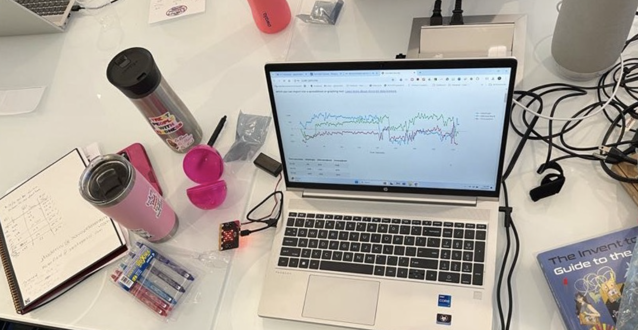 A laptop with a Micro:bit plugged in displays a graph with different colored data displayed. 